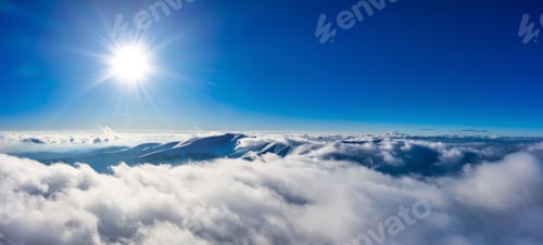 Preview: Flight through evening sky with clouds over mountain