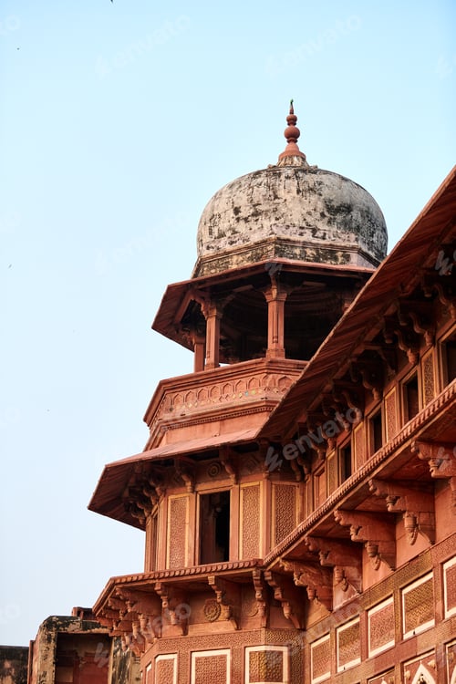Preview: Chhatri semi open elevated dome shaped pavilion of Agra red fort in India, beautiful architecture