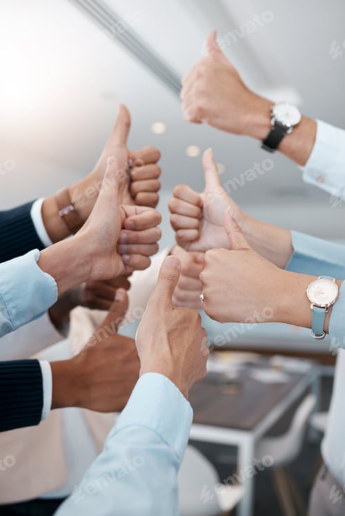 Preview: Thumbs up, business people success and hands in modern office of teamwork celebration, review and m