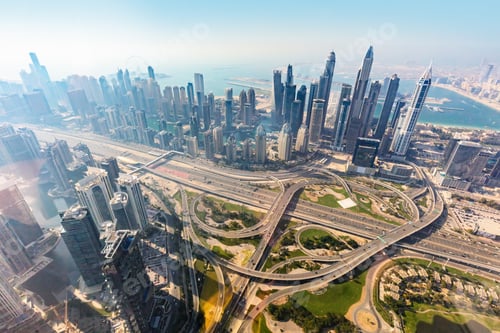 Preview: Dubai aerial view of marina skyscrapers at sunset.