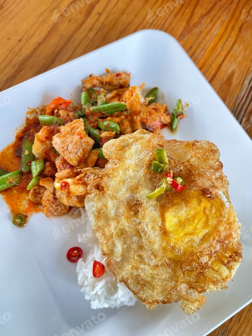 Preview: Rice topped with stir-fried pork and basil, Rice topped with stir fried minced pork and basil with F