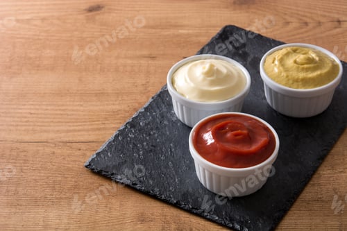 Preview: Assorted sauces in white ramekins on slate
