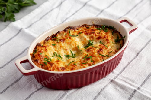 Preview: Homemade Scalloped Potatoes with Cheese and Parley, side view.