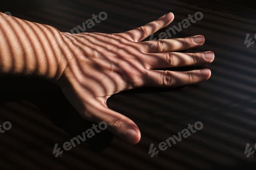 Preview: Closeup shot of a man's hand on a table with jalousie shadows