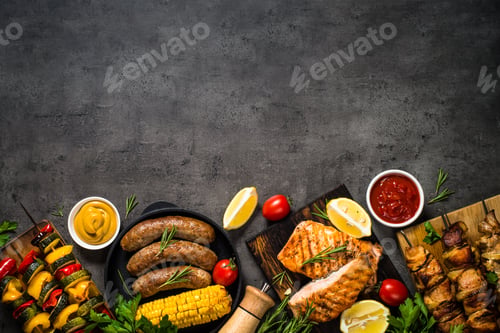 Preview: Barbeque dish - Grilled meat, fish, sausages and vegetables