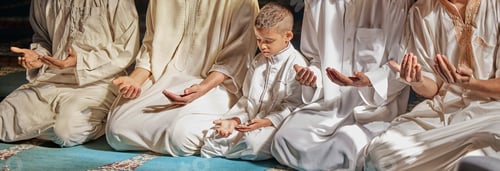 Preview: Muslim, child or men prayer to worship Allah in holy temple or mosque with gratitude as a family on
