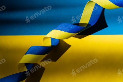 Preview: Top view of blue and yellow ribbon on ukrainian flag