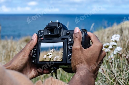 Preview: Anonymous female photographing flowers at seaside