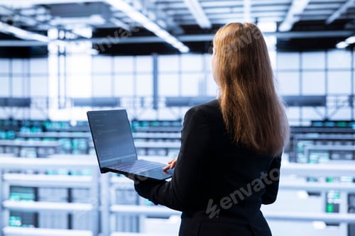 Preview: Technician using laptop in data center to do disaster recovery planning