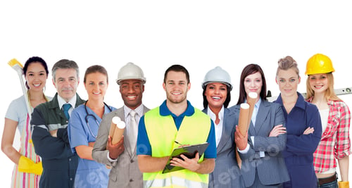 Preview: Group Of Smiling People With Different Jobs Standing In Line On White Background
