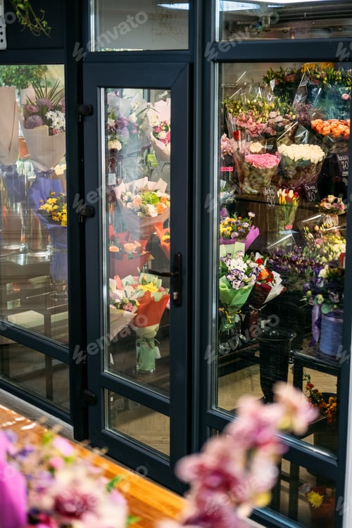 Preview: flowers shop refrigerator. Flowers for sale in a special cold room, warehouse with air conditioning