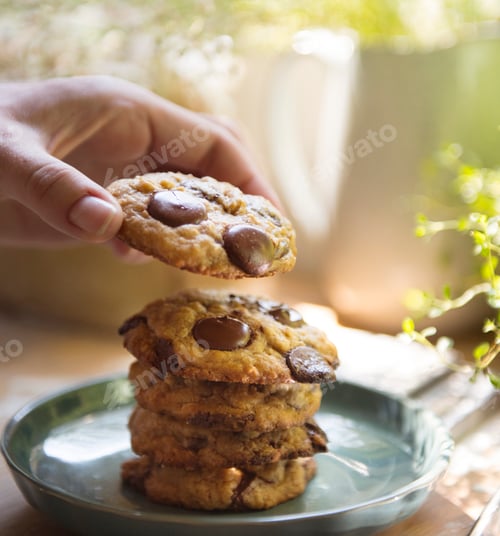 Preview: Chocolate Chip Cookies Stacked On A Plate