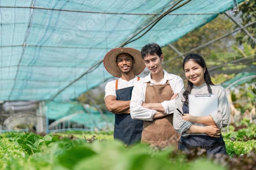 Preview: Hydroponic vegetable gardeners, group of men and women fresh organic in greenhouse vegetable garden