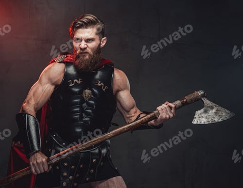 Preview: Stationary aggressive greek fighter with axe in dark background