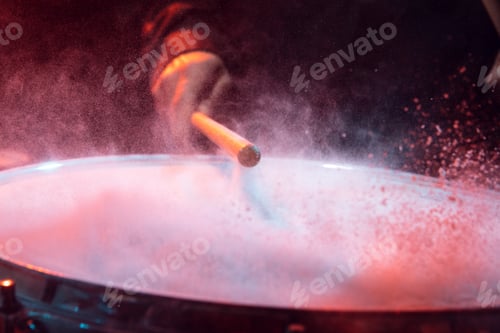 Preview: Drummer's rehearsing on drums before rock concert. Man recording music on drumset in studio