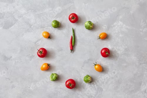Preview: Moving colored vegetables make up a clock with moving arrows from chili pepper on a gray concrete
