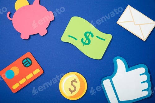 Preview: top view of scattered colorful paper icons on blue