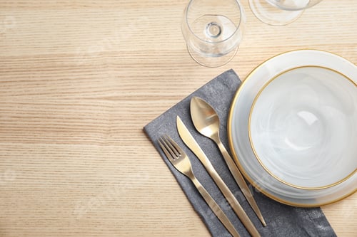 Preview: Elegant table setting and space for text on wooden background, top view