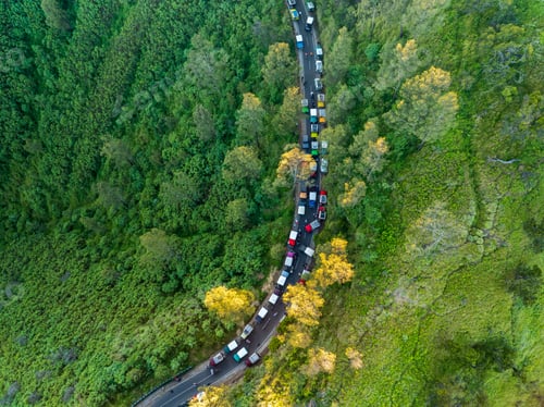 Preview: Aerial view of adventure tourist car for mountain Bromo vocalno viewpoint in parking area, Indonesia