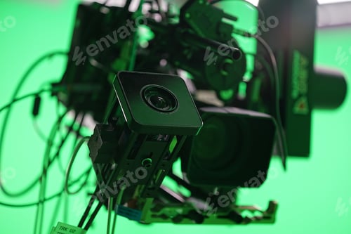 Preview: detail of a blackmagic ursa cinema camera on a crane with trackman ricoh camera tracking system