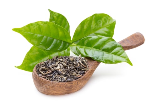 Preview: Green tea leaf the spoon isolated on white background.