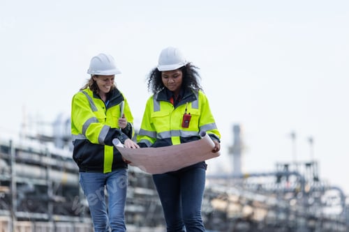 Preview: Two female engineers examine detailed blueprints at an industrial plant site
