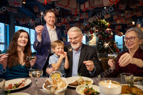 Preview: Family hold Bengal lights and glasses with champagne during New Year celebration