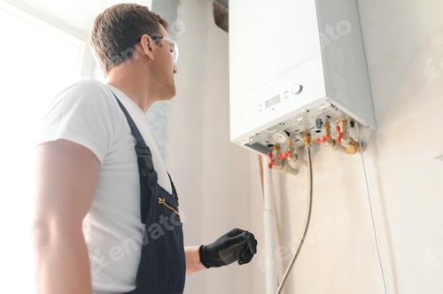 Preview: Professional plumber checking a boiler and pipes, boiler service concept
