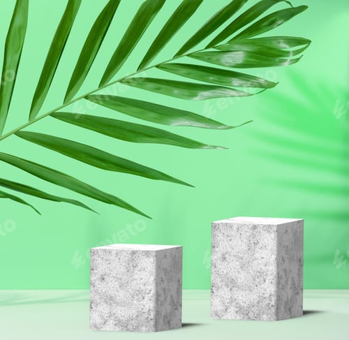 Preview: Green background with gray concrete cubes and palm leaf, product showcase stage