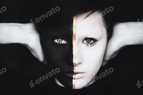 Preview: Close-up portrait of fashionable young blueeyed woman with creative black and white makeup