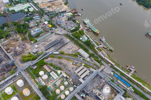 Preview: Petrochemical oil refinery in Bangkok City, Thailand. Oil and gas tanks in industry factory.