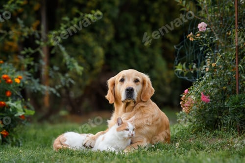 Preview: adult golden retriever dog with red cat lying in an embrace on the grass. Friendship between cats an