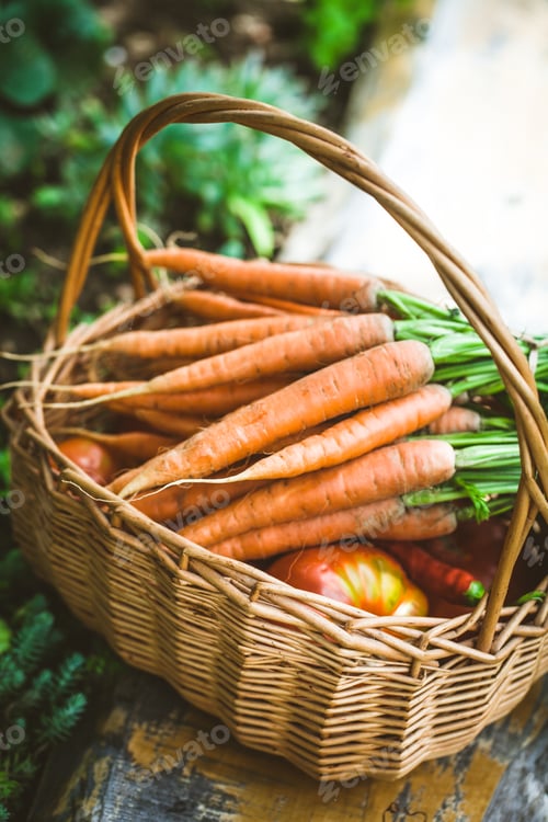 Preview: Basket of Freshly Harvested Carrots and Tomatoes