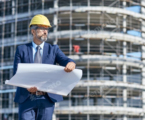 Preview: senior businessman architect helmet construction site building architecture table