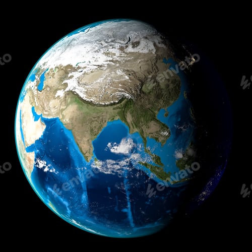 Preview: Planet Earth with clouds, Asia. Black background. 3d Render