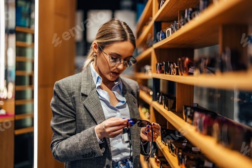 Preview: Young businesswoman searing for the new sunglasses.