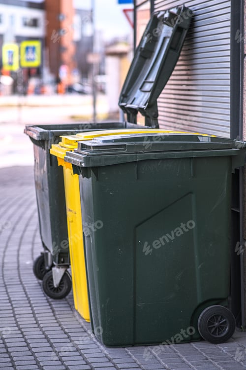 Vista previa: Plastic Garbage Containers On The Street Of The City, Standing Against The Wall. One Container Has