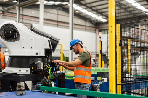 Preview: Industrial engineer programming robotic arm in bottling plant