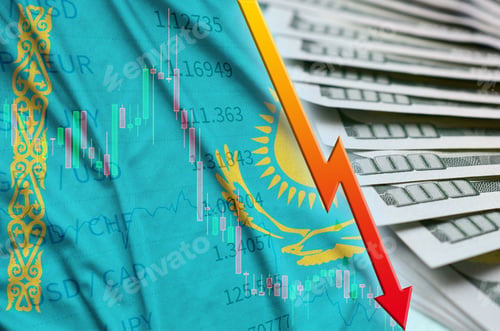 Preview: Kazakhstan flag and chart falling US dollar position with a fan of dollar bills