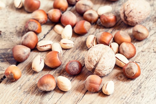 Preview: Walnuts, hazelnuts and pistachios on a wooden table