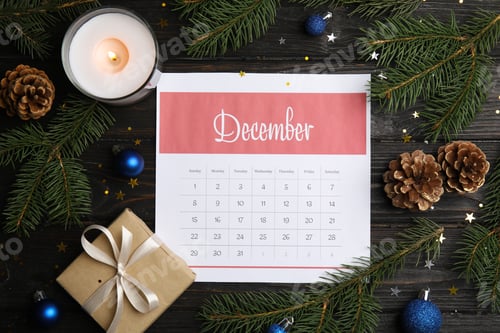 Preview: Flat lay composition with paper calendar on black wooden table