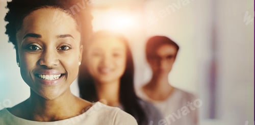 Preview: Portrait, leadership and black woman in row in an office for business, management and teamwork. Hap