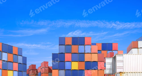 Preview: Cargo Containers Stack in International Industry Port Terminal Shipment Yard against Blue Sky