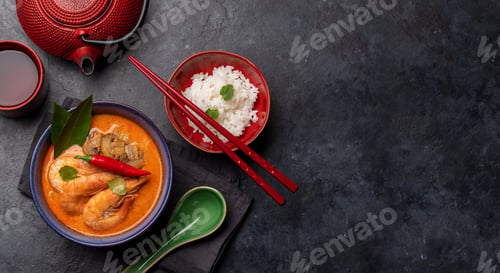 Preview: Thai Tom Yum Soup and bowl of rice
