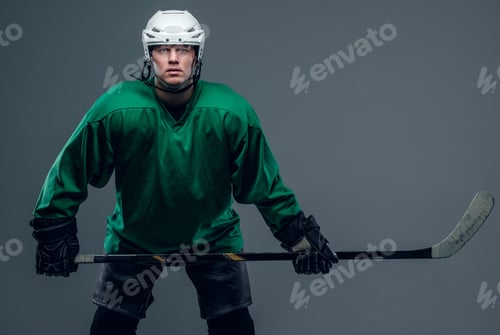 Preview: Hockey player holds gaming stick.