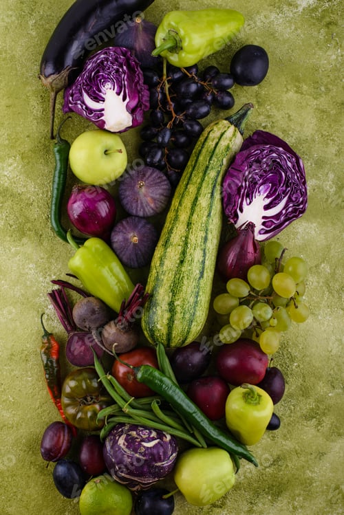 Preview: Green and purple vegetables. Harvest concept