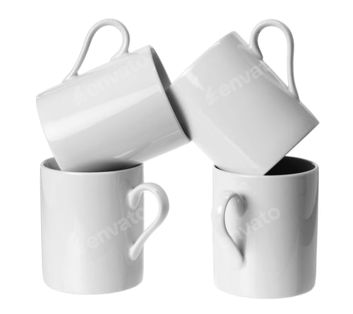 Preview: Four White Ceramic Coffee Mugs Stacked in Tower