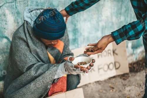 Preview: Beggars sitting under the overpass with a credit card and credit card swipe machine