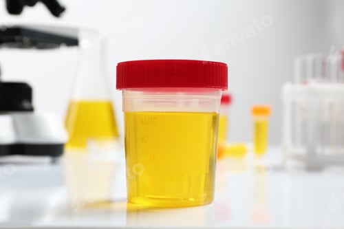 Preview: Container with urine sample for analysis on table in laboratory
