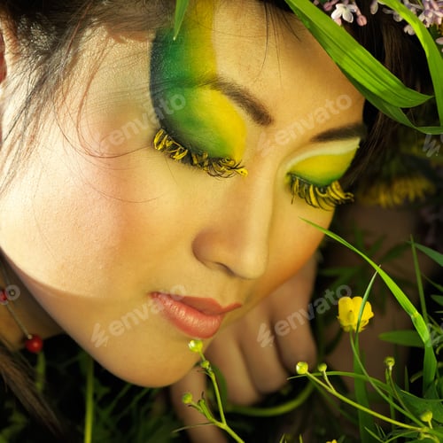 Preview: Asian Woman In Nature With Flower Wreath On Head